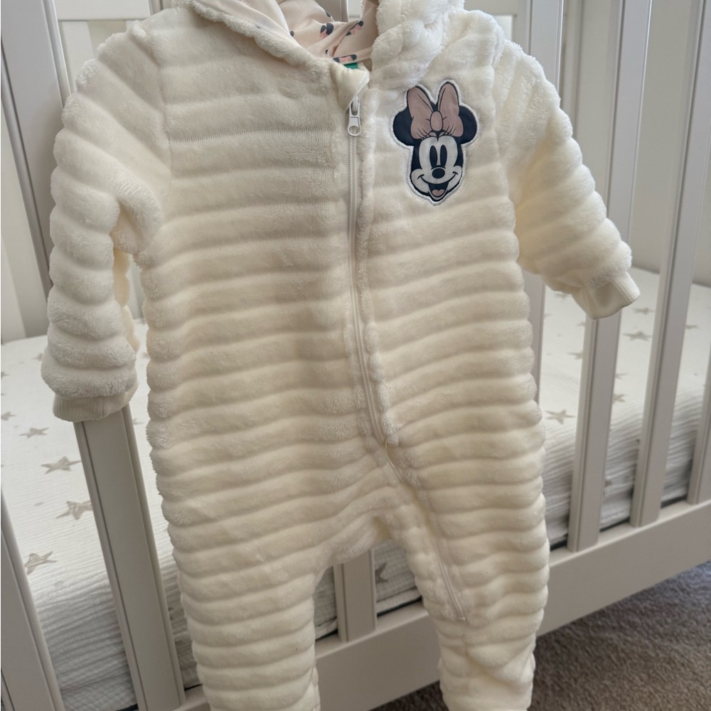 Disney Cream Plush Minnie Mouse Hooded One-Piece Footie